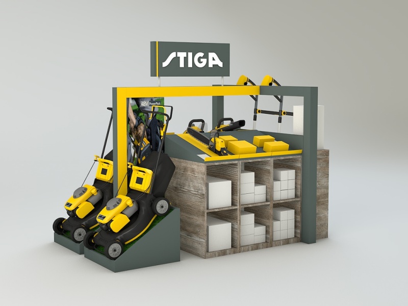 Visualisierung eines Displays für Stiga von Schemberg Ladenbau Visualisierung eines Displays für Gartenbedarf von Stiga entworfen von Schemberg Ladenbau